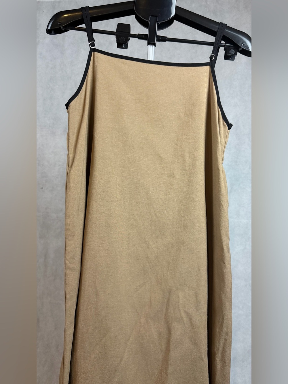 Senllen linen maxi dress Camel brown tan  Black Trim adjustable Size Small NWT - Picture 5 of 15